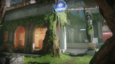 Capture d'écran de Destiny 2 : La Forme Finale – une scène urbaine de la nouvelle zone, le Cœur pâle