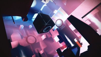 Destiny 2: epizóda Heresy, časť Act 3 – snímka obrazovky zobrazujúca geometrické prostredie s betónovými blokmi a čiernou kockou uprostred