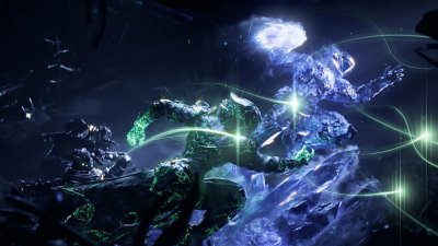 ภาพหน้าจอ Destiny 2 Into the Light แสดงให้เห็น Guardian สองคนกระโจนเข้าสู่การต่อสู้โดยมีแสงสีเขียวเรืองแสงหมุนวนรอบๆ ตัว