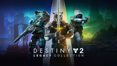 Key-Artwork der Destiny 2: Legacy Collection mit drei Charakteren, die vor einem blauen, grünen und gelben Hintergrund posieren.