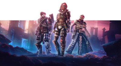 Destiny 2 Lightfall -taidetta, jossa näkyy Warlock, Hunter ja Titan seisomassa kaupunkimaiseman edessä