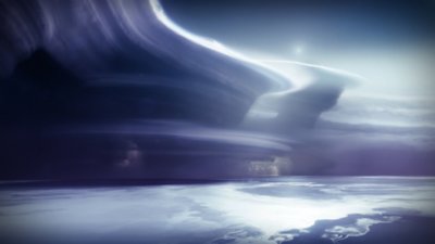 Destiny 2 screenshot showing a huge weather system over an ocean-like landscape