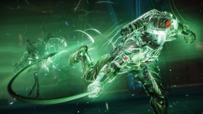 Destiny 2 screenshot showing a Guardian with a green glow using a whip like weapon