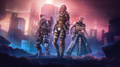 Destiny 2 screenshot showing three guardians standing in front of a cityscape lit by blue and pink light