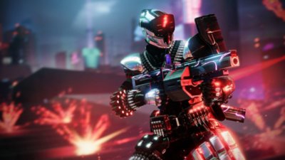 Destiny 2 : Éclipse - Capture d'écran montrant un Gardien brandissant une sorte de lance-grenades aux couleurs néon