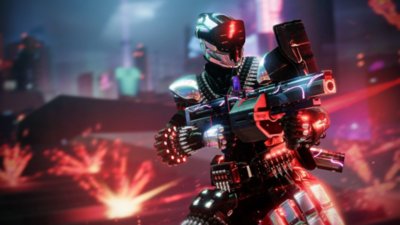 لقطة شاشة للعبة Destiny 2 من توسعة Lightfall تعرض حارسًا يصوب سلاحًا بنمط قاذفة القنابل ويضيء بألوان النيون