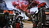 Captura de pantalla de Destiny 2 que muestra a tres guardianes frente a un árbol con flores rosas