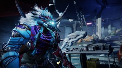Destiny 2 Renegades screenshot showing a character with a fur crest on their armor in an industrial setting 
