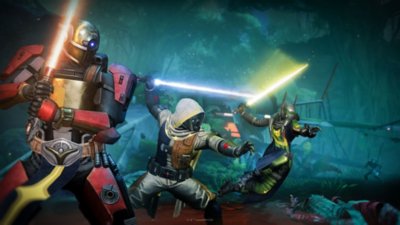 Destiny 2 Renegades screenshot showing three characters wielding lightsabers