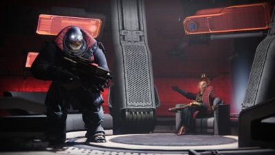 Destiny 2 Renegades screenshot showing two characters, one primed with a weapon in their hands, the other sat and gesturing