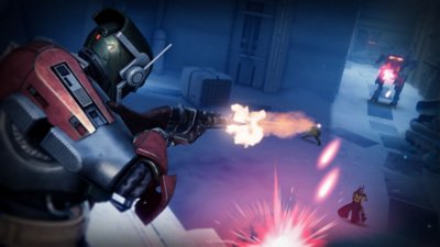 Destiny 2 Renegades screenshot showing a character firing from above on an AT-ST Walker