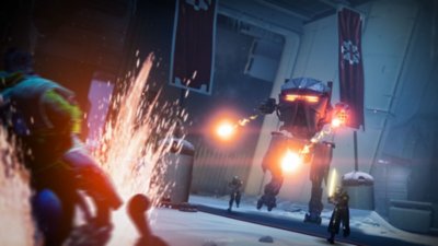Destiny 2 Renegades screenshot showing an AT-ST Walker firing on a character