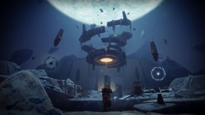 Destiny 2 Renegades screenshot showing a character approaching suspended rocks in the air