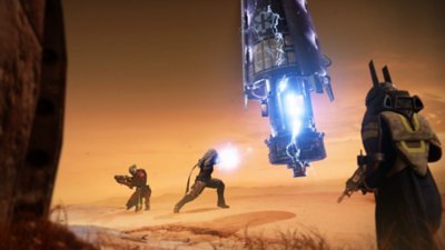 Destiny 2 Renegades screenshot showing a character interacting with a metal structure with blue sparks as two other characters look on