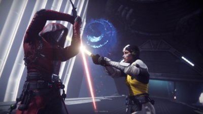 Destiny 2 Renegades screenshot showing two characters engaged in a lightsaber duel