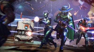 لقطة شاشة من Destiny 2 تعرض ثلاثة حراس يركضون لتفادي القذائف