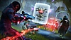 Snímek obrazovky ze hry Destiny 2 zobrazující útok Strážců na nepřítele se štítem.
