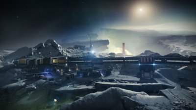Destiny 2 – skærmbillede med en stor futuristisk bygning i et månelignende landskab