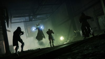Destiny 2 screenshot showing three guardians attacking a floating enemy in a dark tunnel