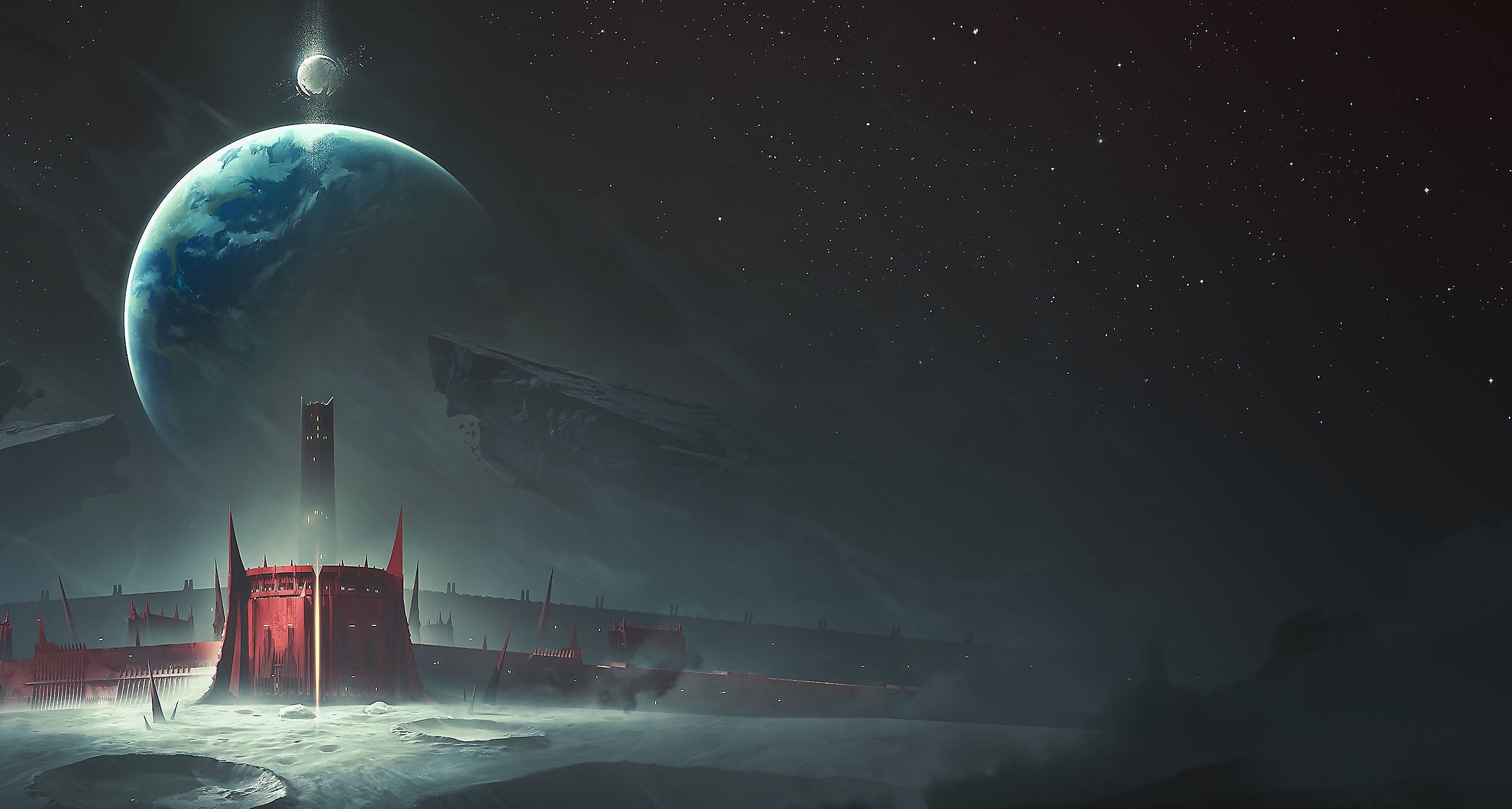 Destiny 2: Festung der Schatten – Grafik, die ein rotes Gebäude in einer mondartigen Landschaft zeigt.