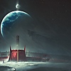 Destiny 2 - Illustrazione Ombre dal Profondo che mostra un edificio rosso su uno sfondo lunare
