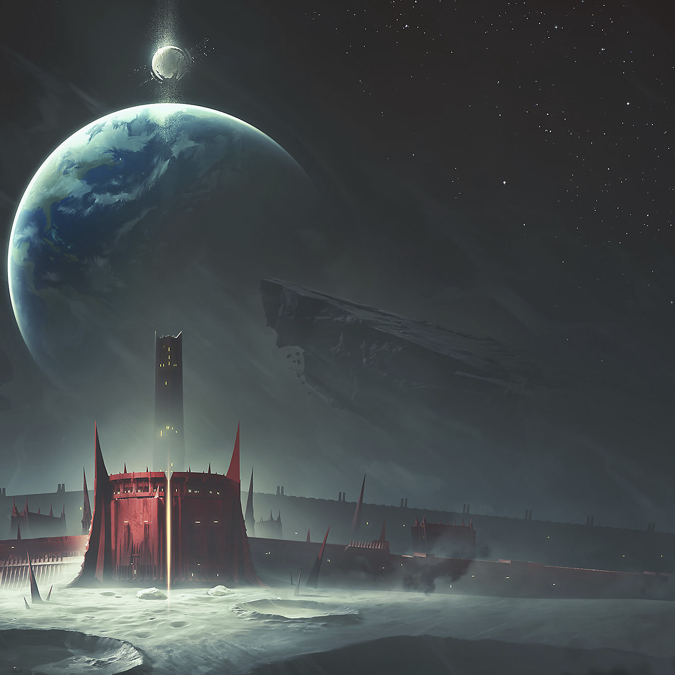 Destiny 2 - Shadowkeep artwork showing a red building on a lunar-style setting