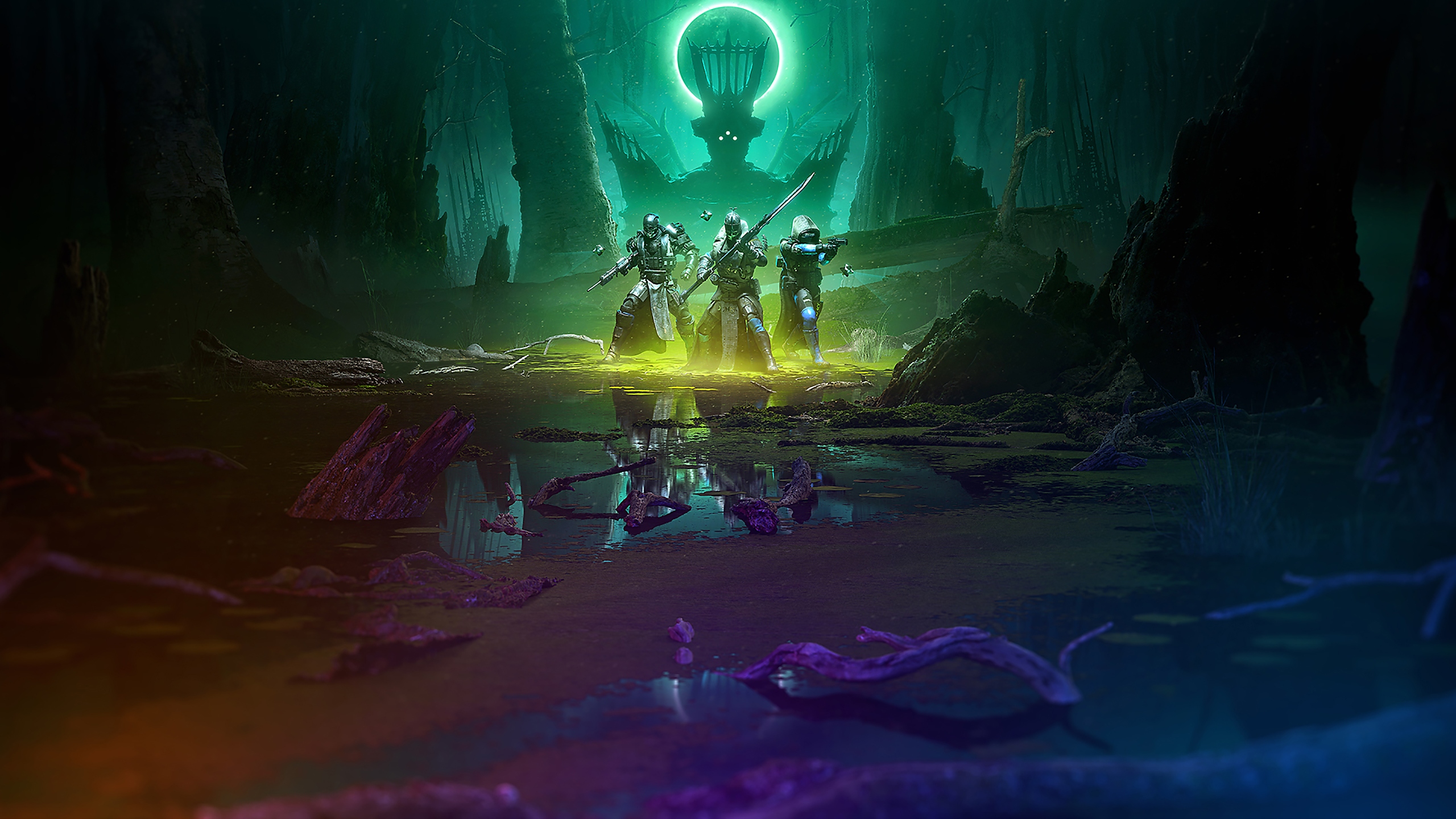 Destiny 2: The Witch Queen-grafik, der viser kampklare Guardians, mens The Witch Queen ser på dem