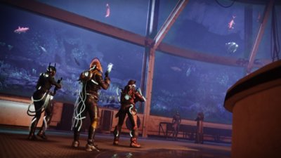 Destiny 2 Season of the Deep screenshot showing Guardians preparing for battle in an underwater base