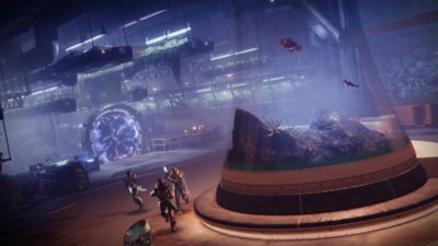 Destiny 2 Season of the Deep screenshot showing Guardians running through a room growing plants with a large fish tank and portal in the center