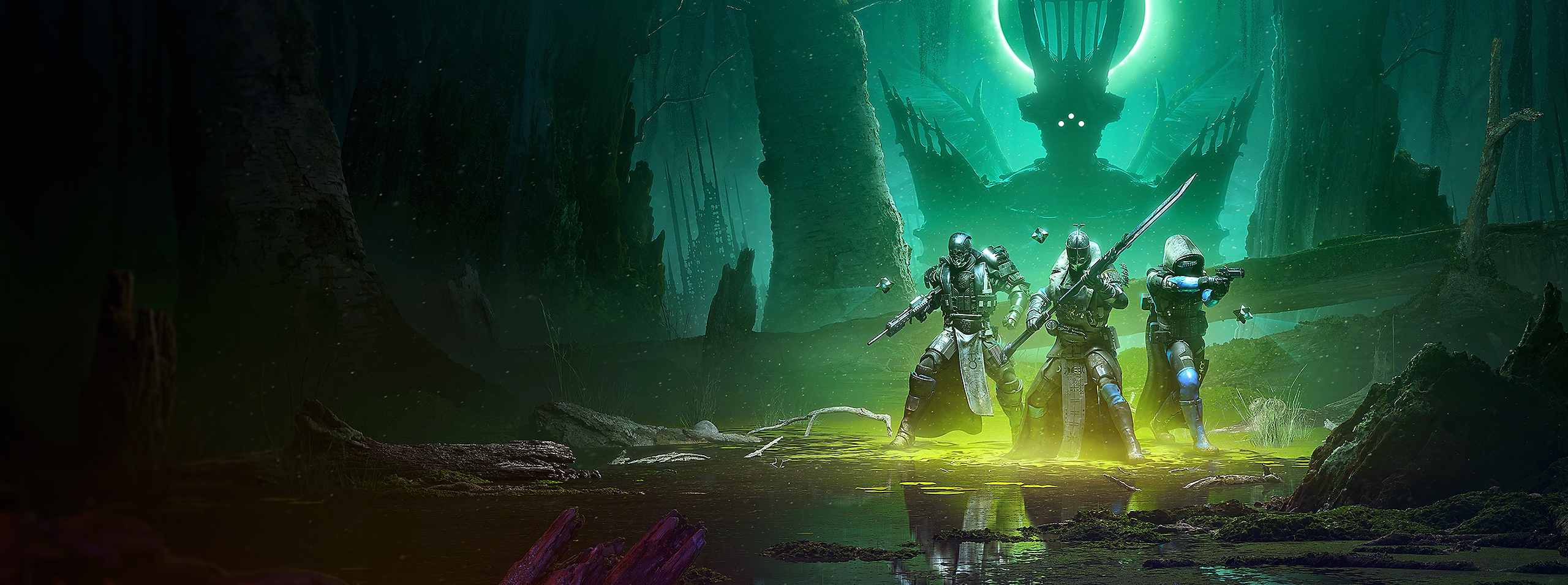 Key art for Destiny 2 The Witch Queen, featuring three Guardians moving through an alien environment.
