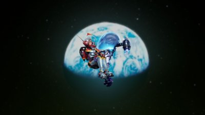 Destroy All Humans! 2 – zrzut ekranu przedstawiający Crypto i astronautę patrzących na siebie z miłością, szybując na tle Ziemi
