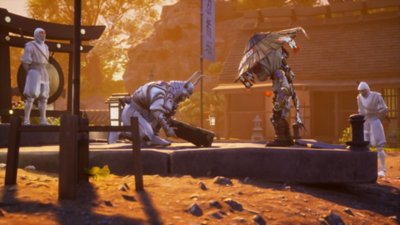 Destroy All Humans! 2 – zrzut ekranu przedstawiający kosmitę Crypto otrzymującego coś od ninja ubranego na biało