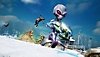 Destroy All Humans! 2 screenshot showing Crypto the alien running across a snowy field as a soldier in the background is about to be eaten by a giant monster