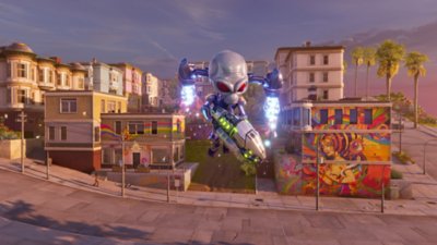 Captura de pantalla de Destroy All Humans! 2 que muestra a Crypto volando por los aires con su jetpack sobre una calle de San Francisco