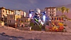 《Destroy All Humans!2》螢幕截圖，顯示Crypto使用噴射背包在舊金山的街頭飛行
