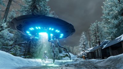 Destroy All Humans! 2 – zrzut ekranu przedstawiający kosmitę Crypto zjeżdżającego z latającego spodka w śnieżnym otoczeniu