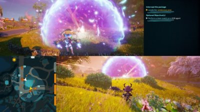 Destroy All Humans! 2 – zrzut ekranu przedstawiający poziomy tryb dzielonego ekranu, z dwoma kosmitami w tradycyjnych strojach japońskich