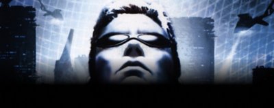 Deus EX key art showing a man with an sunglasses looking up
