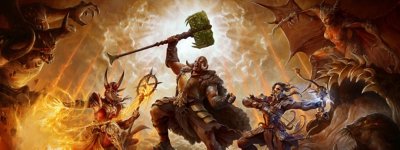 Diablo IV – Saison 4 – Illustration de bannière montrant un personnage coiffé d'un heaume soulevant un énorme marteau dans les airs