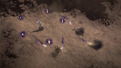 Diablo IV Stagione 9 - Screenshot di un personaggio circondato da simboli viola