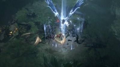 لقطة شاشة من Diablo IV: Vessel of Hatred تُظهر شخصية أنثوية من فئة Spiritborn تستدعي Eagle Spirit Guardian