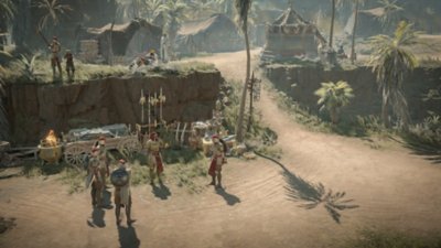 Captura de pantalla de la temporada 4 de Diablo IV, Botín Renacido, que muestra a varios soldados en un campamento con tiendas y estantes de armas