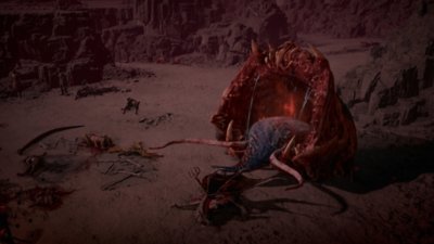 Screenshot aus Diablo IV Saison 4 Frische Beute, der einen dämonischen Schlund zeigt, der aus einem von Leichen übersäten Boden bricht