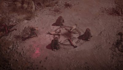 Diablo IV – Saison 4 : Butin redynamisé – Capture d’écran montrant un gros plan sur une sorte de cercle sacrificiel avec trois cadavres décapités
