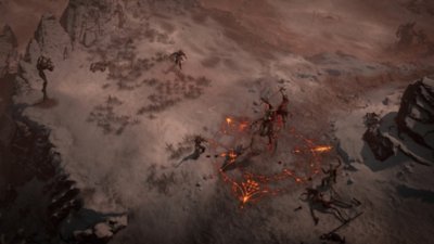 Screenshot aus Diablo IV Saison 4 Frische Beute, der einen Charakter im Kampf in einer kargen Umgebung zeigt
