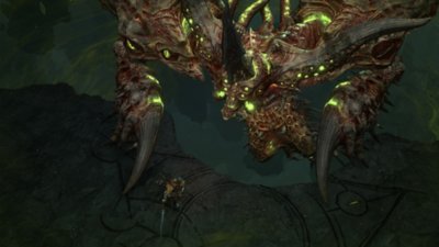 Diablo IV sesong 8 – skjermbilde av Belial som ruver over en spiller