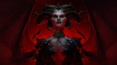 لقطة شاشة من لعبة Diablo IV تظهر الشخصية الرئيسية وهي تنظر إلينا في أجواء مظلمة وحمراء