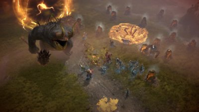 Diablo IV-screenshot van een held omgeven door verschillende soorten vijanden, waaronder een skelet, een hydra en een gigantisch trolachtig beest dat een knots vasthoudt