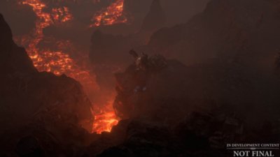 Diablo IV 스크린샷, 말을 탄 영웅이 용암 호수를 바라보는 모습