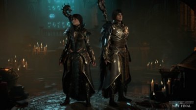 Diablo IV ภาพหน้าจอแสดงให้เห็นผู้ใช้เวทมนตร์ชายและหญิงในชุดเกราะ Crow ครบชุด 